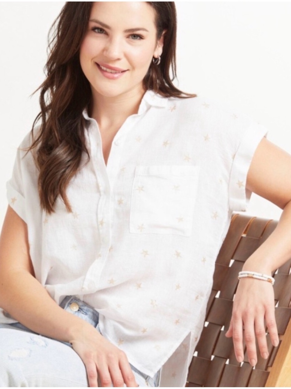 Rails Ivory Short Sleeve Button-Down Shirt with Gold Star Embroidery MK